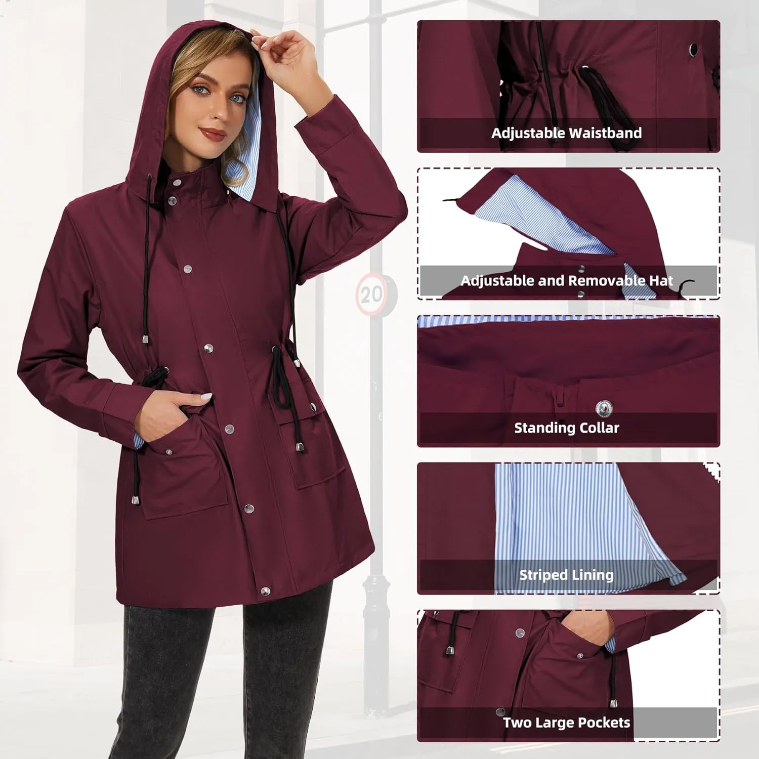 Zando Raincoat for Women Rain Jackets for Women Waterproof Lightweight Windbreaker Outdoor Hooded Trench Coat Long Rain Coats