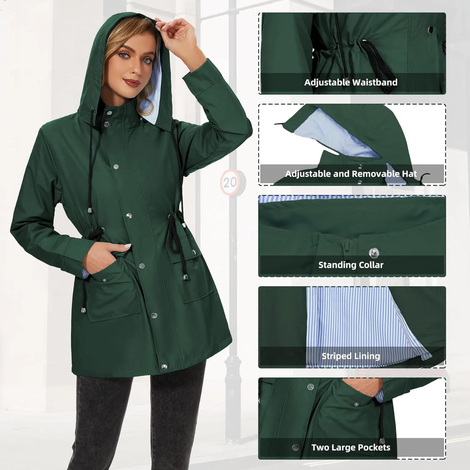 Zando Raincoat for Women Rain Jackets for Women Waterproof Lightweight Windbreaker Outdoor Hooded Trench Coat Long Rain Coats