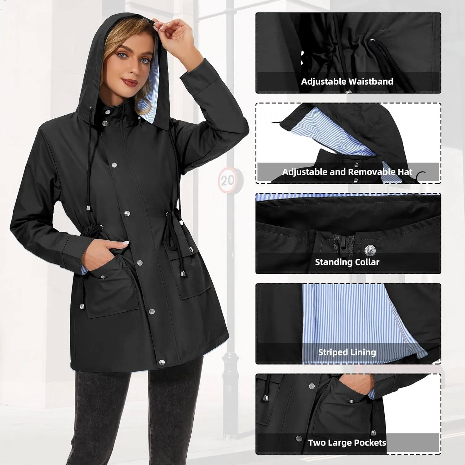 Zando Raincoat for Women Rain Jackets for Women Waterproof Lightweight Windbreaker Outdoor Hooded Trench Coat Long Rain Coats