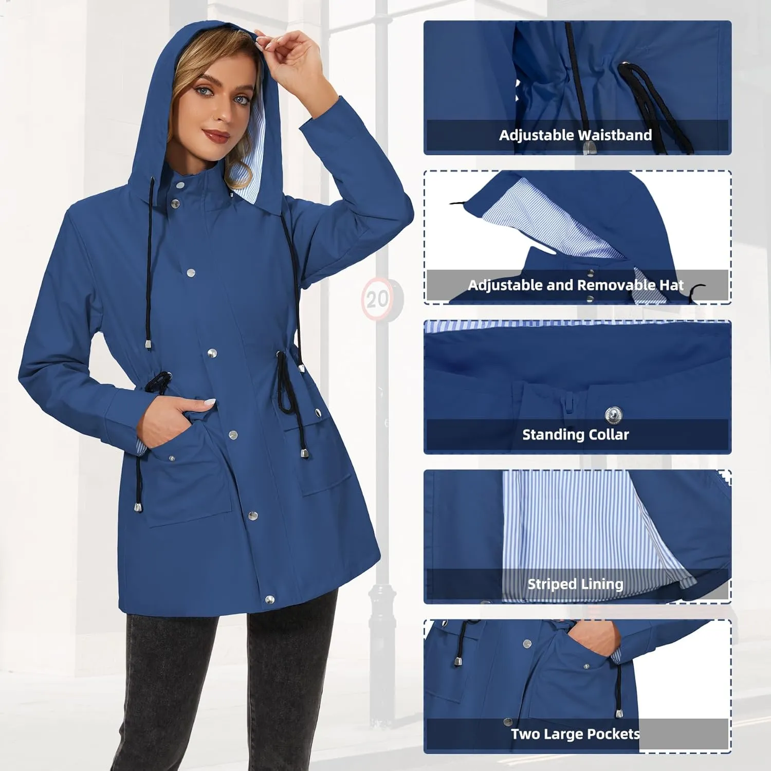 Zando Raincoat for Women Rain Jackets for Women Waterproof Lightweight Windbreaker Outdoor Hooded Trench Coat Long Rain Coats