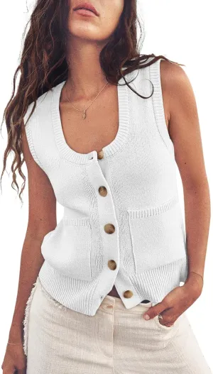 ZDC Women's Summer Sweater Vest Button Down Sleeveless Tank Tops Lightweight Vests with Pockets