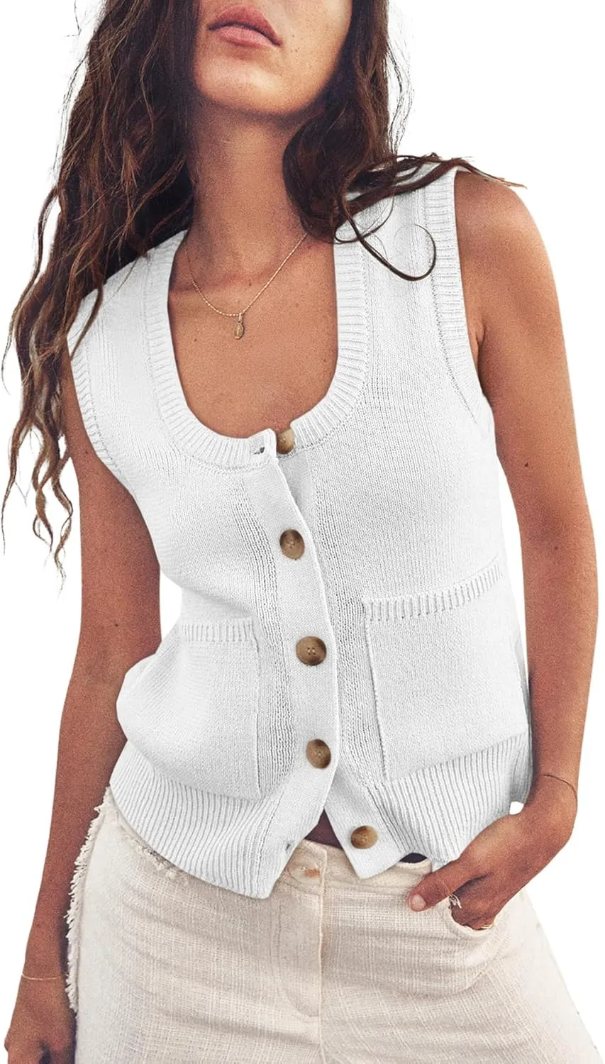 ZDC Women's Summer Sweater Vest Button Down Sleeveless Tank Tops Lightweight Vests with Pockets