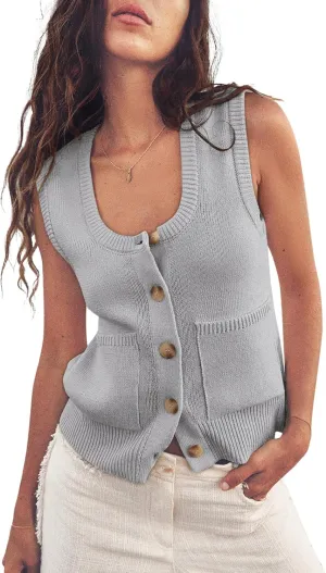 ZDC Women's Summer Sweater Vest Button Down Sleeveless Tank Tops Lightweight Vests with Pockets