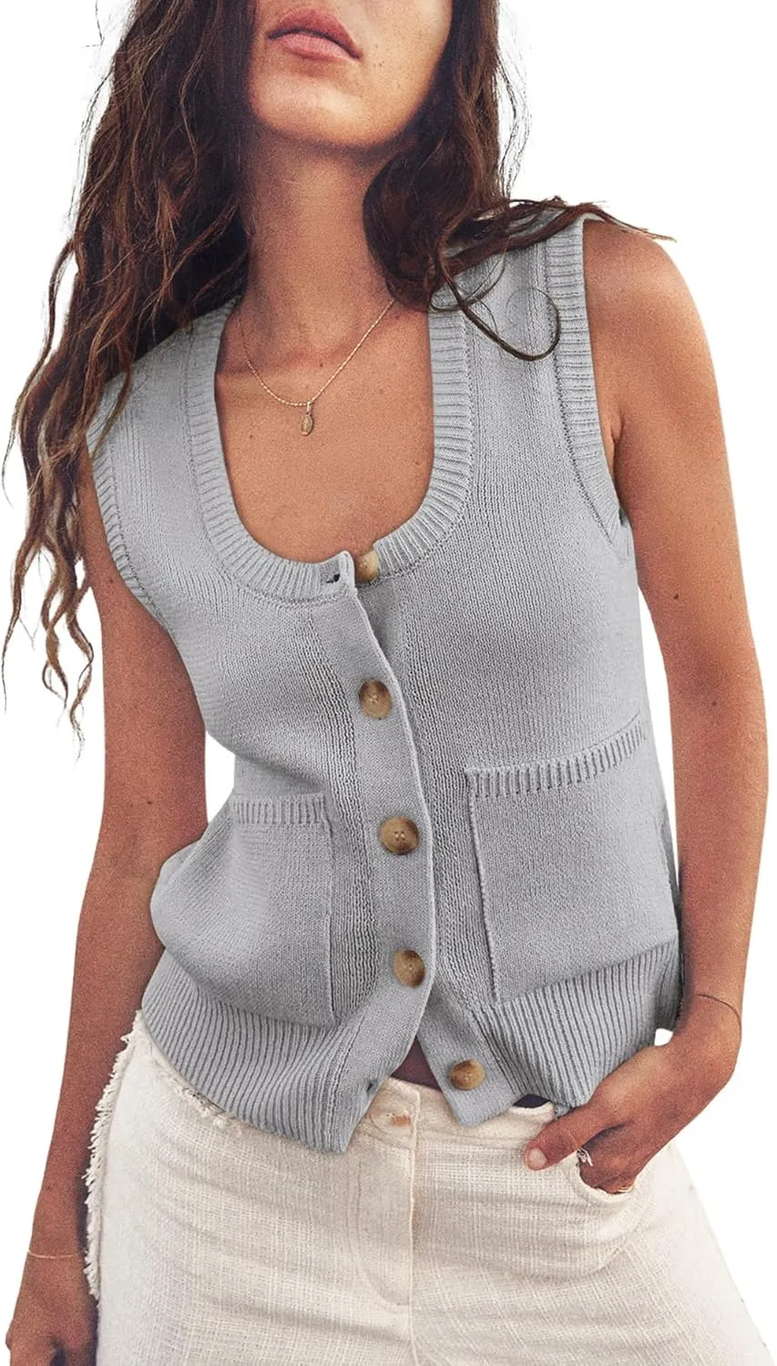 ZDC Women's Summer Sweater Vest Button Down Sleeveless Tank Tops Lightweight Vests with Pockets