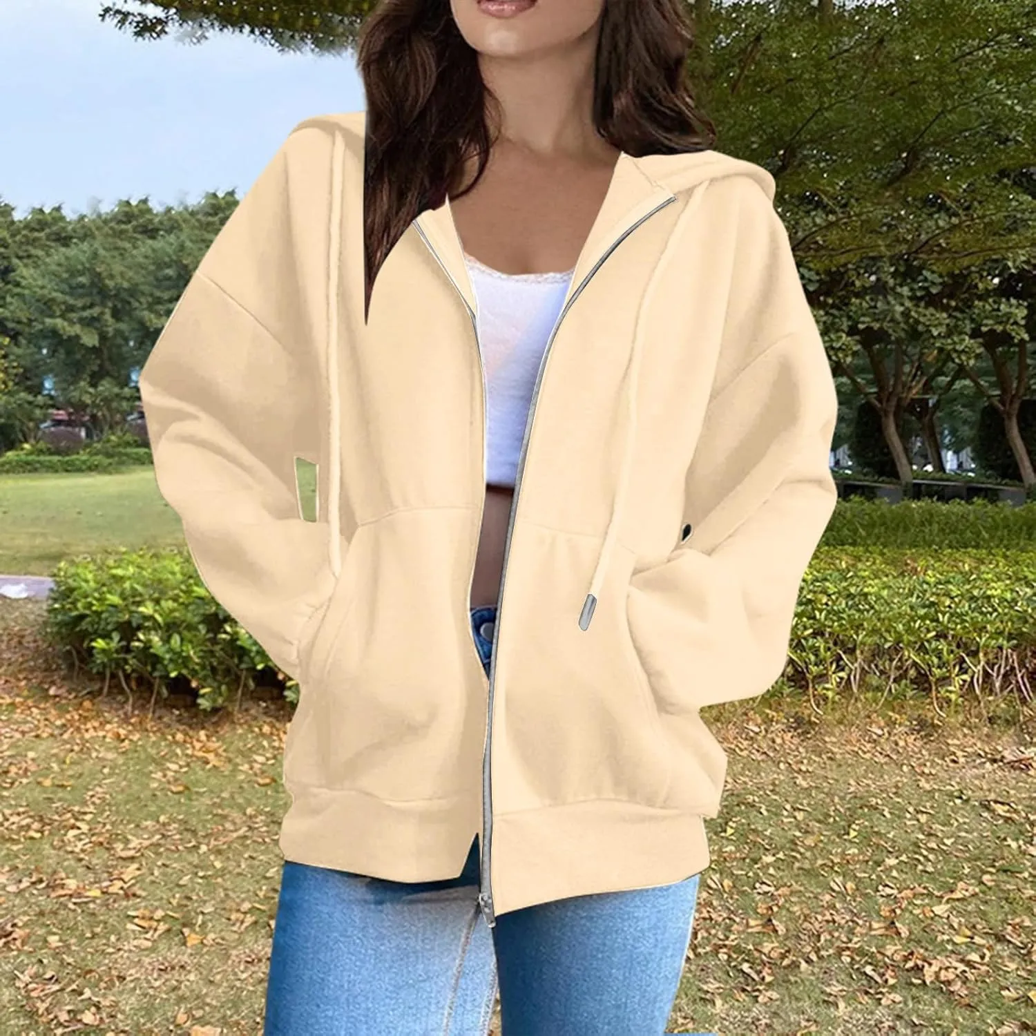 Zip Up Hoodies For Women Cropped Solid Color Sweatshirts Fall Outfits 2024 Long Sleeved Teen Girls Clothes